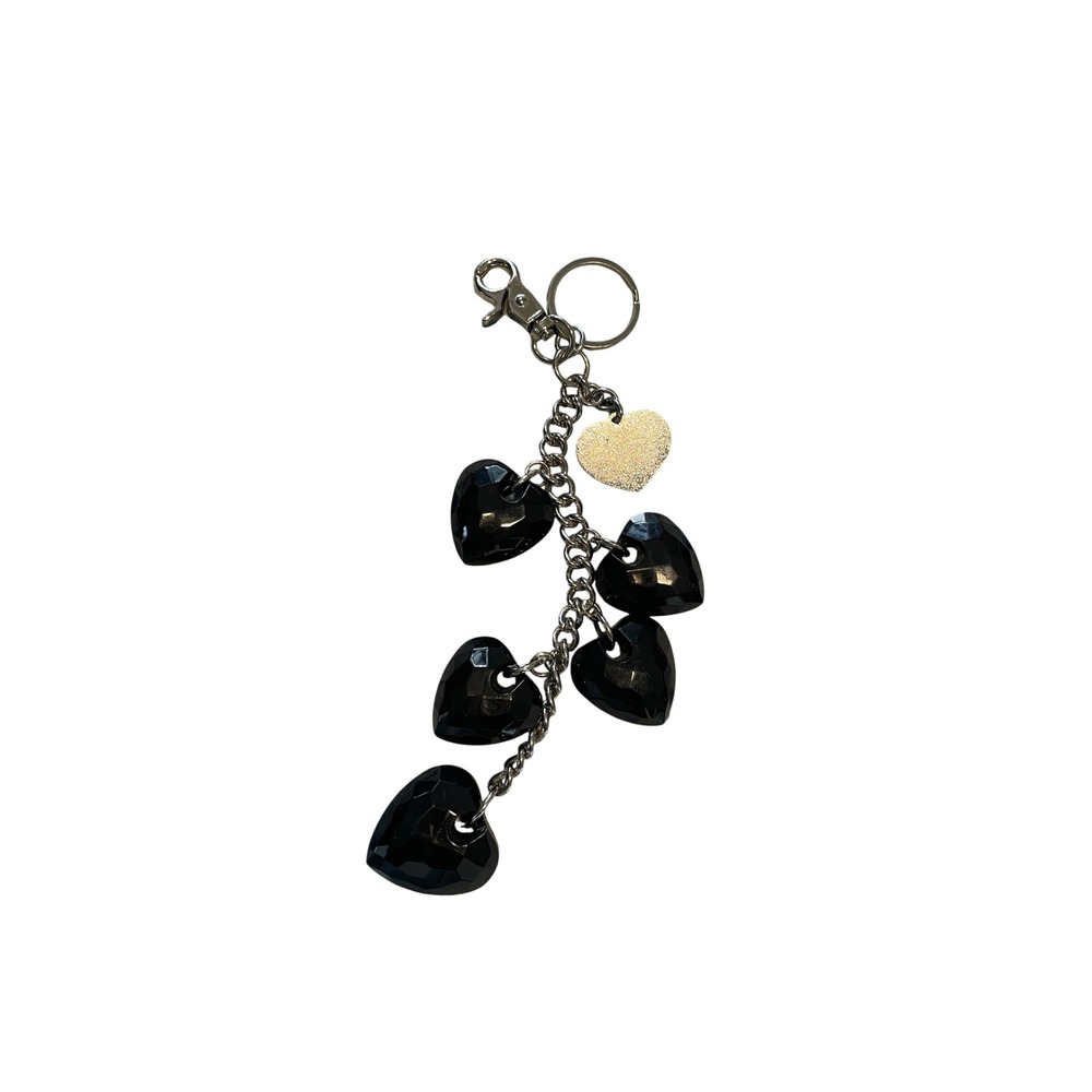 Kathy Van Zeeland Black Faceted Heart Bag Charm Keychain Silver Tone Y2K - Picture 2 of 3